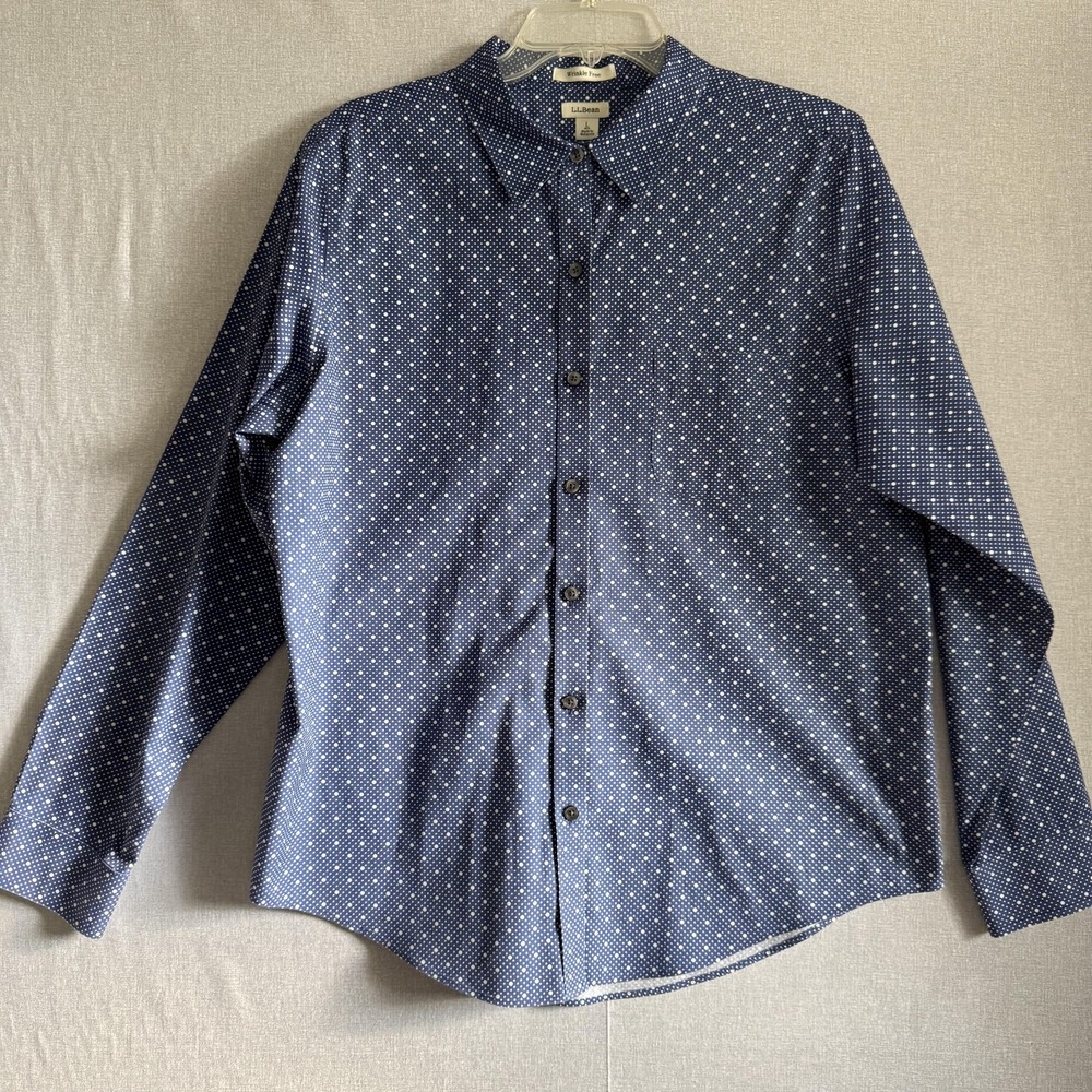 LL Bean Shirt Womens Large Blue Wrinkle Free‎ Button Down Polka Dot 100% Cotton
